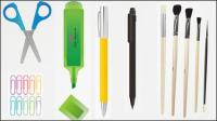 Pencil, pen, crayon, pencil sharpener, scissors, pen, rubber
