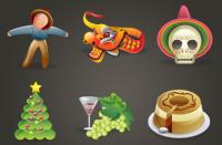 Holiday icon - the Scarecrow, wine, Christmas trees, dragons, cake