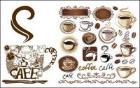 Coffee pot, coffee mugs, coffee beans, coffee shop decorated vector