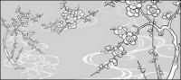 Vector line drawing of flowers-30(Plum blossom, flowing water)
