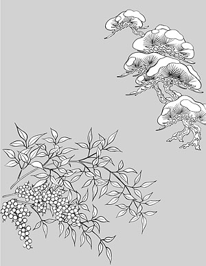 Vector line drawing of flowers-46(Pine trees, snow)