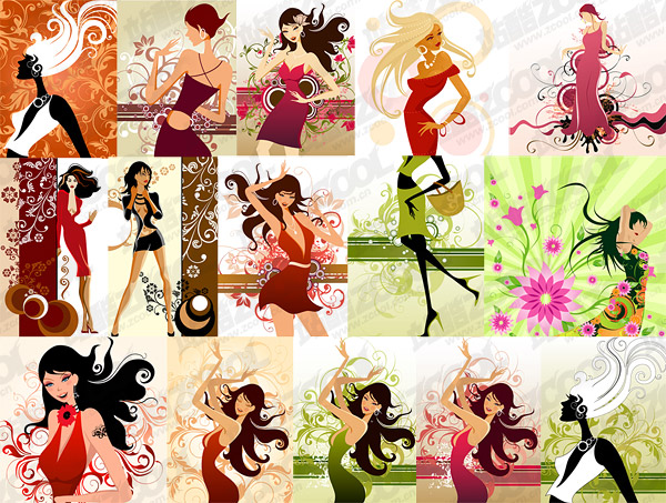 15, female fashion illustrations and vector pattern material