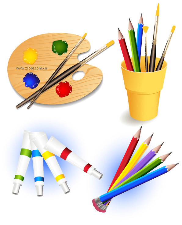 Palette, brushes, color pencils, paint vector
