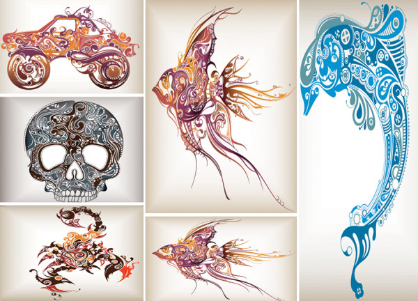 Trend pattern dolphins in the tropical fish -Off-road vehicles- Scorpions- Skeleton Vector