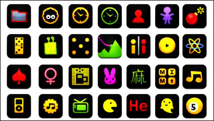 Black icons, web buttons, bombs, camera, Bluetooth Clock Calculator Games