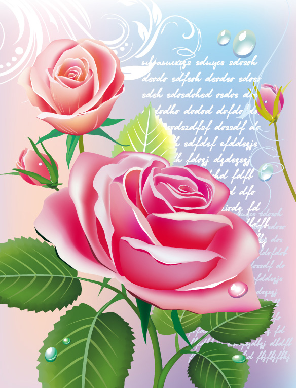 Keywords: beautiful roses, petals, flowers, green leaves, vector material  Free Download