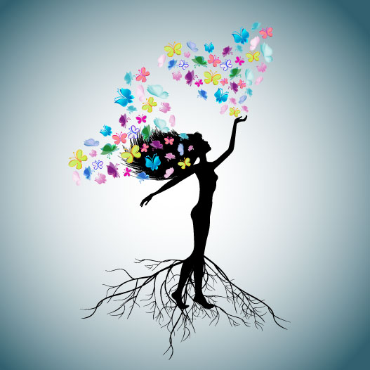 Mots-clés : mosaïque, arbre, femme, papillon de silhouette, racines
