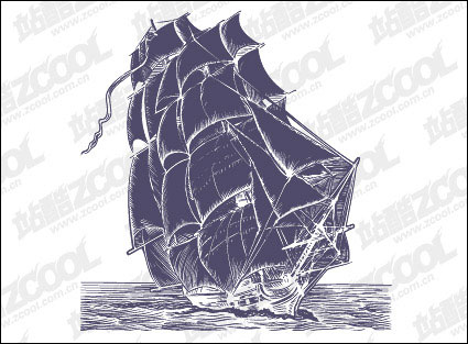 Pen drawing style sailing vector material