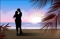 Fashionable men and women beach silhouette vector material
