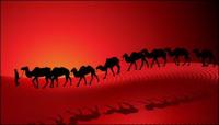 Camel Desert Caravan Sunset Silhouette Red Background Vector