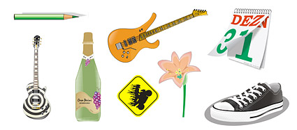 Pencils, guitar, flowers, calendar, shoes vector material