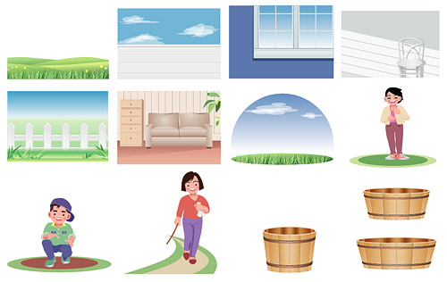 Cartoon characters and scenery material vector