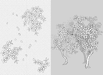 Vector line drawing of flowers--41Cherry, classical background)