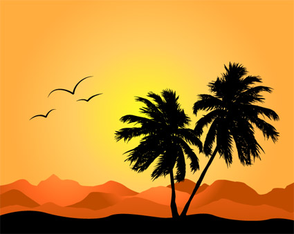 Coconut trees and mountains vector