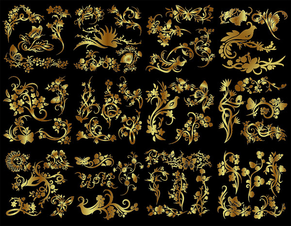 Number of golden flowers and birds butterfly pattern