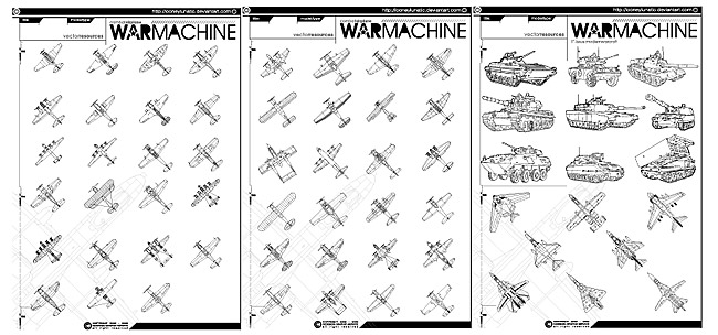 Line drawing fighter jets and tanks