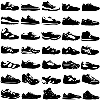 Various black and white sports shoes