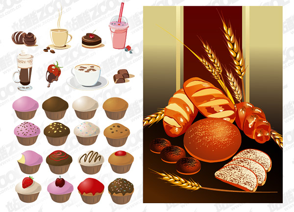 Cake, bread, drinks and other vector material