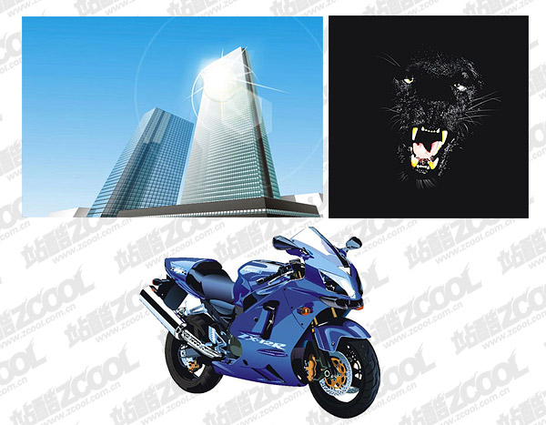 Tall buildings, Panthers and motorcycles vector material
