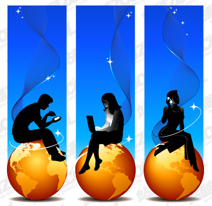 Earth and silhouette figures gold vector material