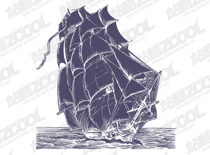 Pen painting style sailing vector material