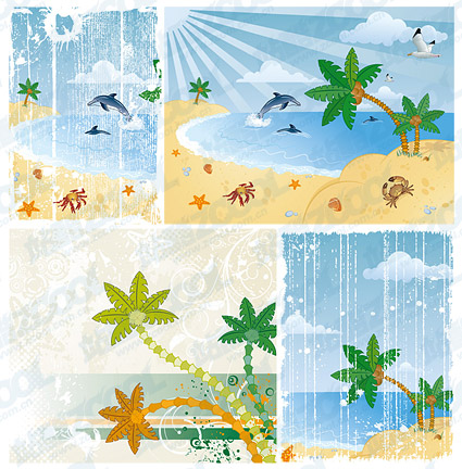 cartoon seaside scenery vector material