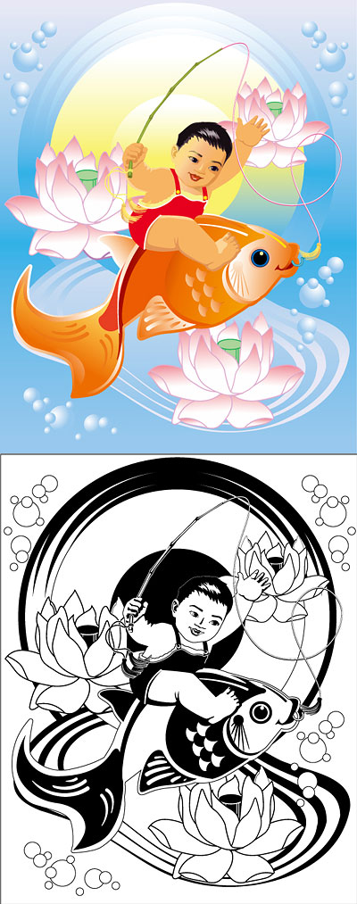 Paintings, lotus, fish, goldfish vector