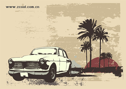 Coconut tree retro style car vector material