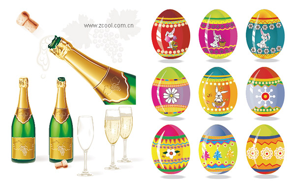 Champagne and Easter eggs Vector material