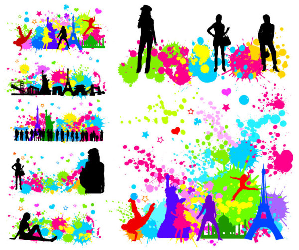Trend figures dot the city silhouette vector material