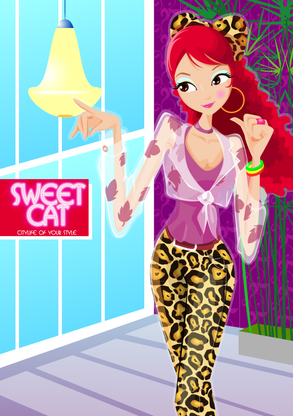 The fashion to wear leopard installed Vector material girls