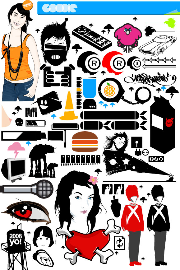 Game handle, milk boxes, marker pens, paint brushes, glasses vector