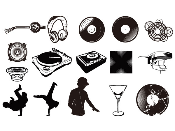 Playing disc players, vinyl discs, headphones, beverages, goblets vector