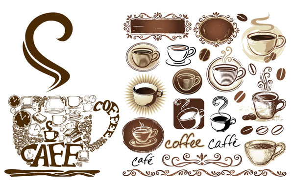 Coffee pot, coffee mugs, coffee beans, coffee shop decorated vector
