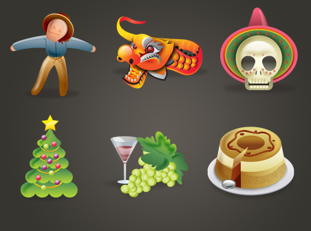 Holiday icon - the Scarecrow, wine, Christmas trees, dragons, cake