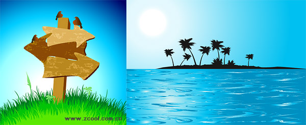 Coconut palm and Sea Island Guidepost Vector