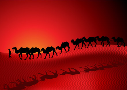 Camel Desert Caravan Sunset Silhouette Red Background Vector