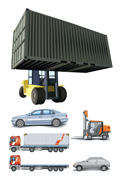 Cars, container trucks, lifting trucks, large cars, forklift vector