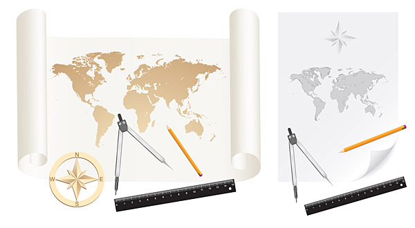 Maps, vector material, paper, paper rolls, the world map