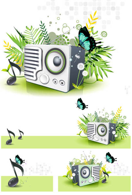 Music Speaker butterfly Dandelion Green Spring Vector Material