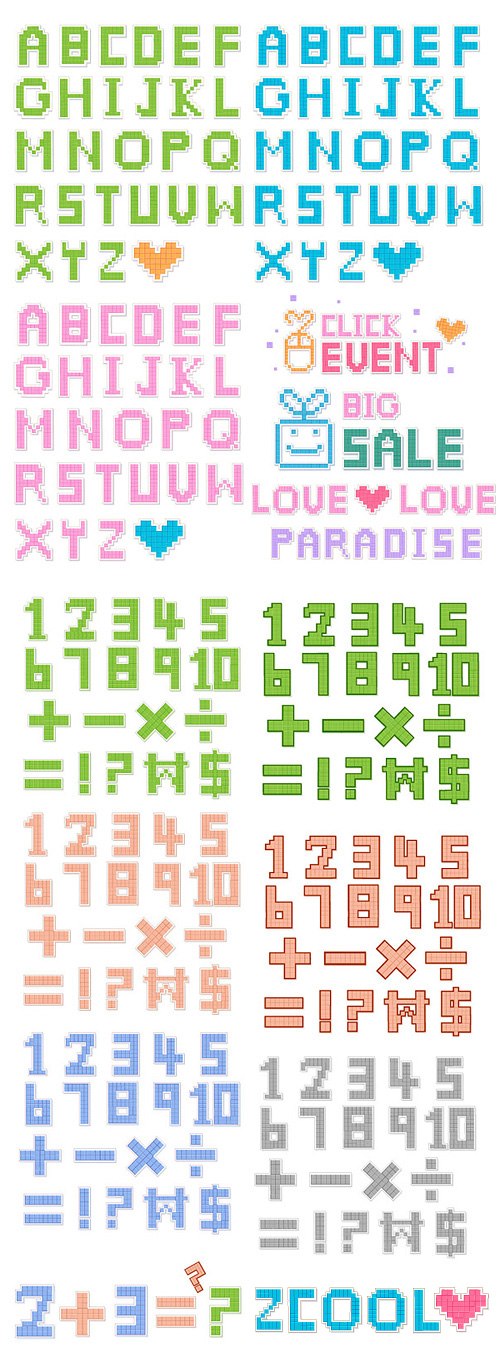 Pixel style letters and numbers vector material