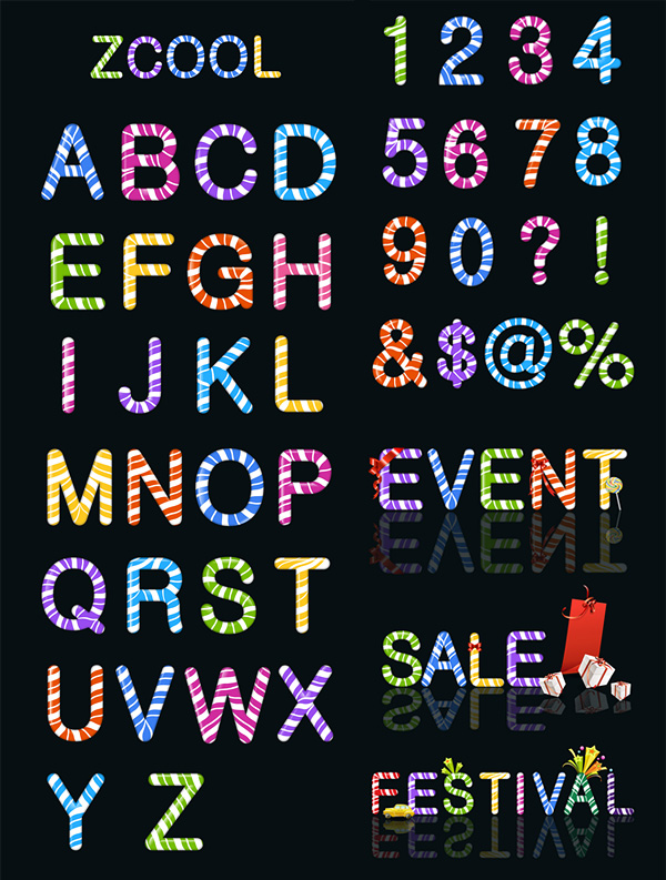 Candy colored letters and figures vector material
