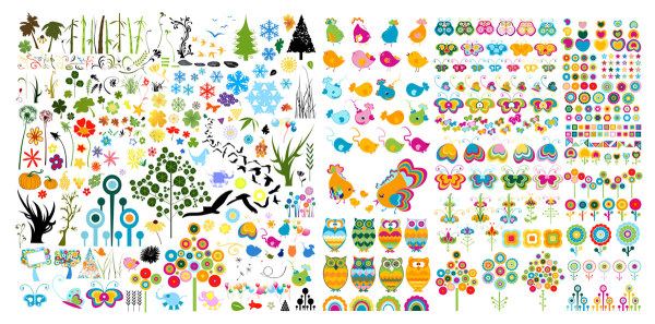 Cute animals and plants vector material