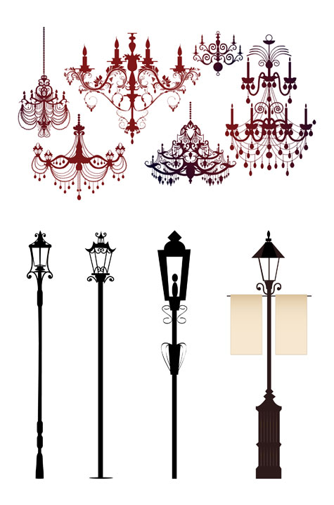 Ornate chandelier lights silhouette Vector