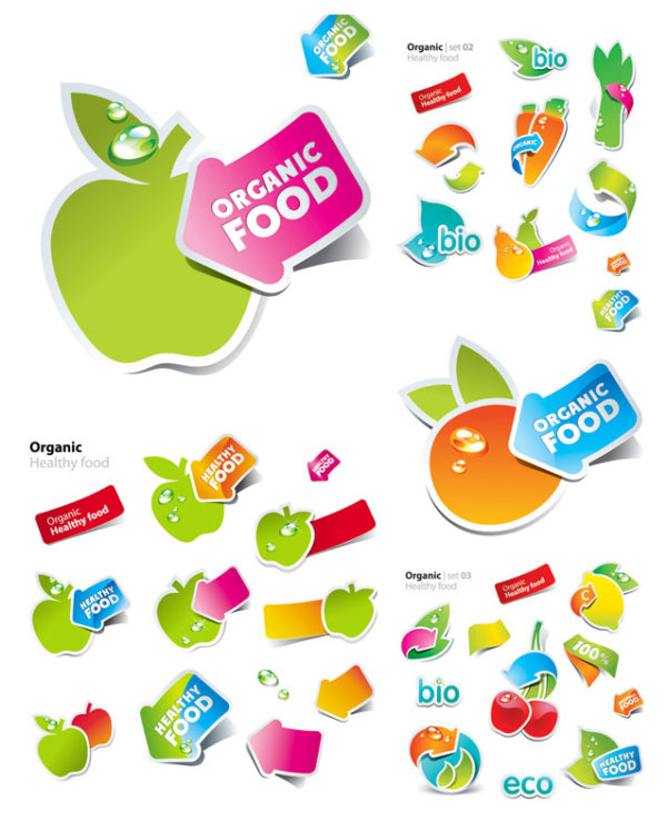 Cute stickers of fruits and vegetables Vector